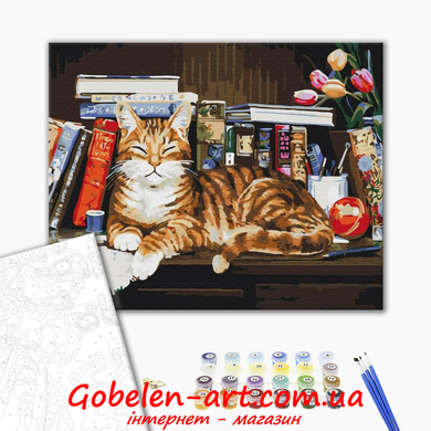 Кіт на книжковій полиці - картина за номерами BRUSHME фото — Магазин Gobelen Art