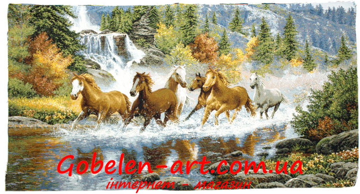 Гобелен Коні біля водоспаду євро 65х35 фото — Магазин Gobelen Art