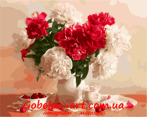 Красно-белые пионы и вишни - картина по номерам BRUSHME фото — Магазин Gobelen Art